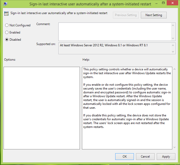 Disable Sign-in last interactive user automatically after a system-initiated restart
