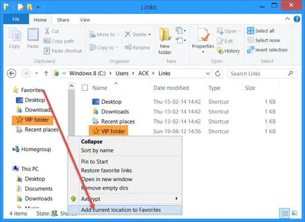 Add own custom Folders to Favorite Links 