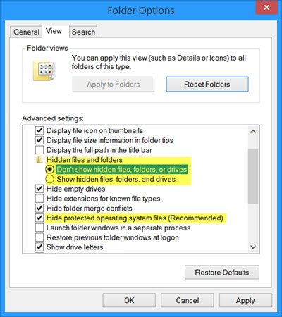 Show hidden files and folders option missing