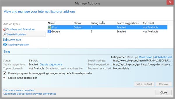 set default search engine ie