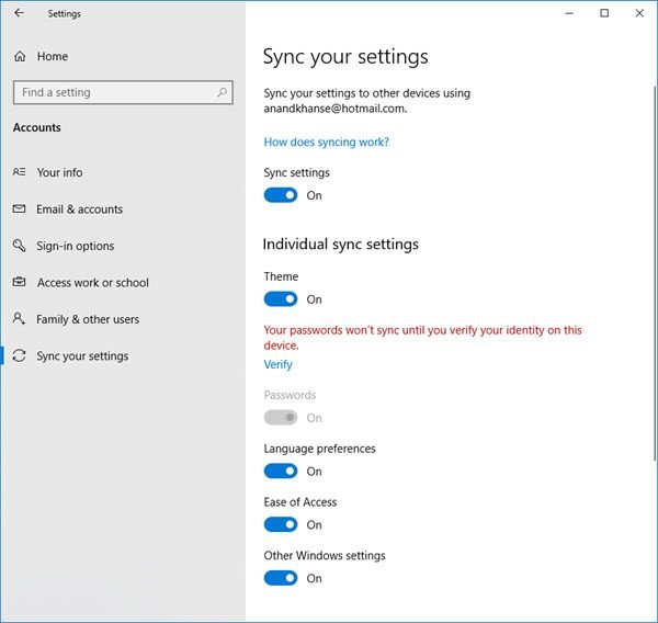 Sync Setting in Windows