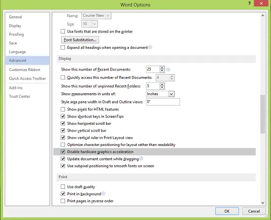 Disable Hardware Graphics Acceleration in Office 2013