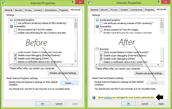 Disable Reset Internet Explorer Settings 