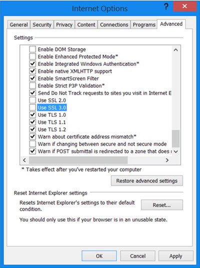 Disable SSL 3.0 IE