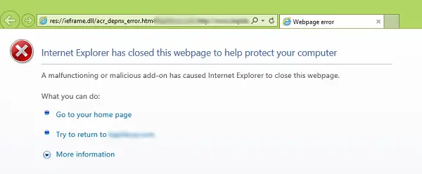 Internet Explorer has closed this webpage to help protect your computer