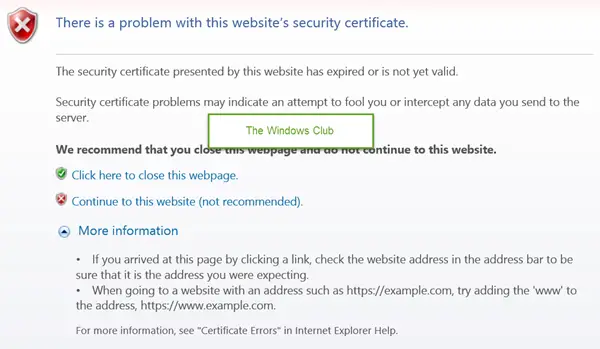 There is a problem with this websites security certificate