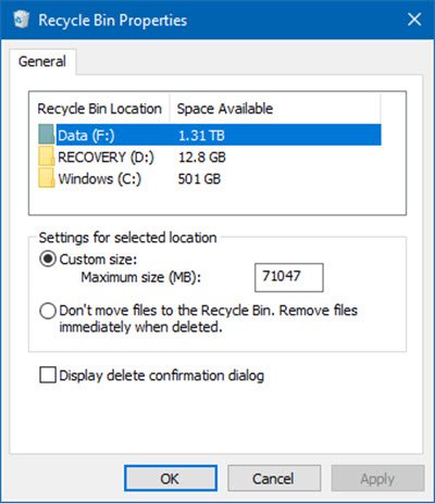 change Recycle Bin storage settings