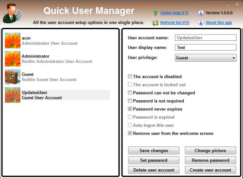 Побыстрее user. Quick user Manager.