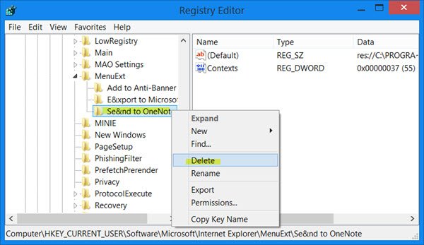 remove send to onenote internet explorer