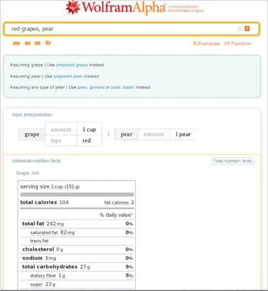 Food and Nutrition Wolfram Alpha