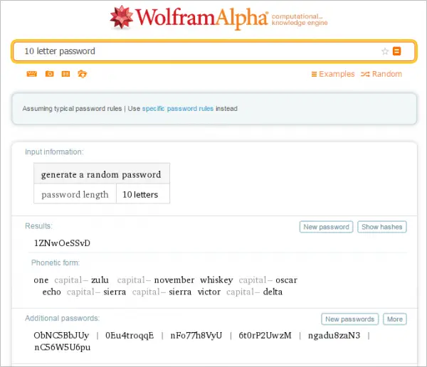 Generate Password Wolfram Alpha