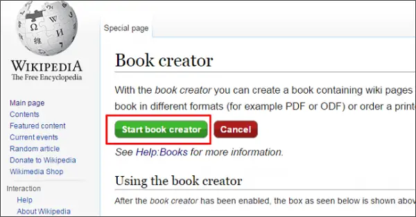 start book creator in Wikipedia