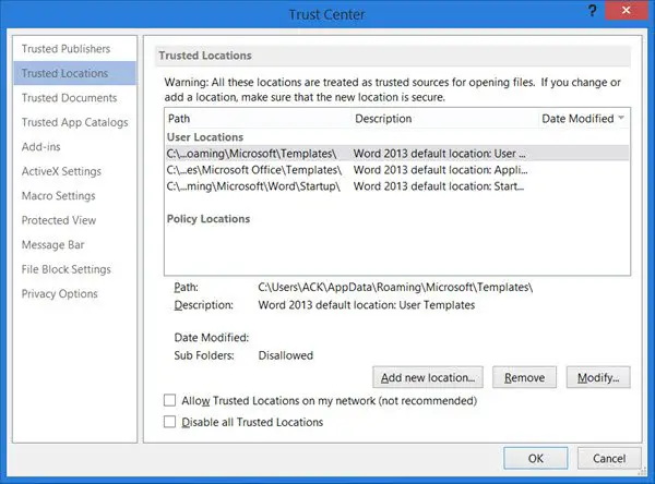 Enable add remove or modify Trusted Locations in Microsoft Office - 34