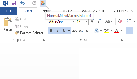 New Macro on Quick Access Toolbar