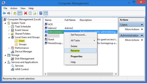 how to rename admin account windows 10