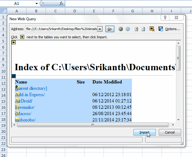 import files and folders details to excel