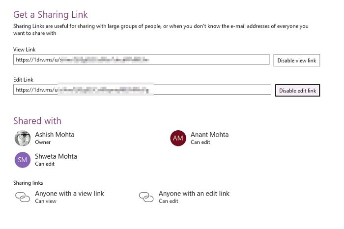 Create Sharing Link OneNote