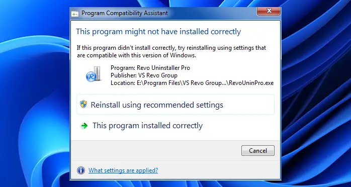 This program might not have installed correctly