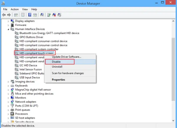 Disable Touch Screen in Windows