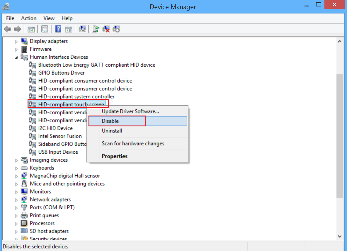 Temporarily disable touch screen windows 10