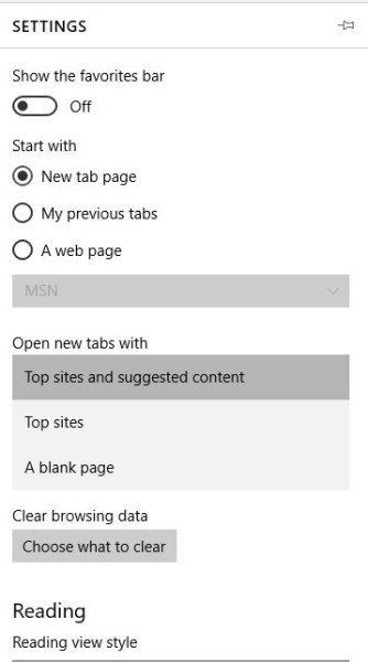 edge tab page settings