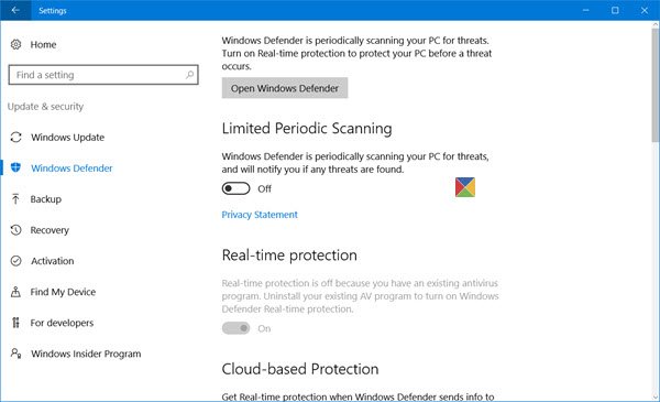 configure Windows Defender in Windows 10