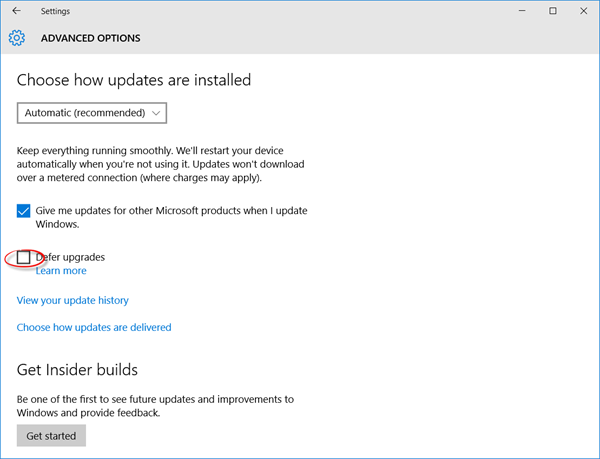 Defer upgrades in Windows 10