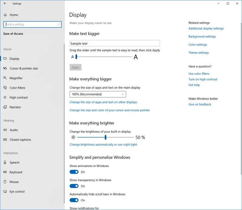 Ease of Access Settings in Windows 10