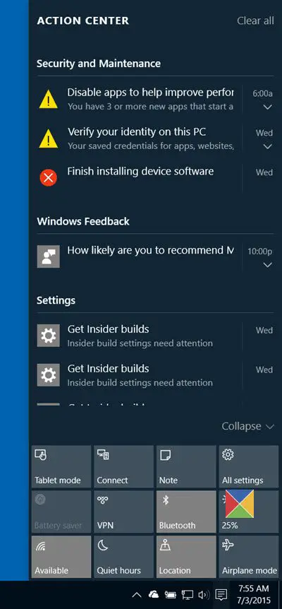 Actions Center in Windows 10