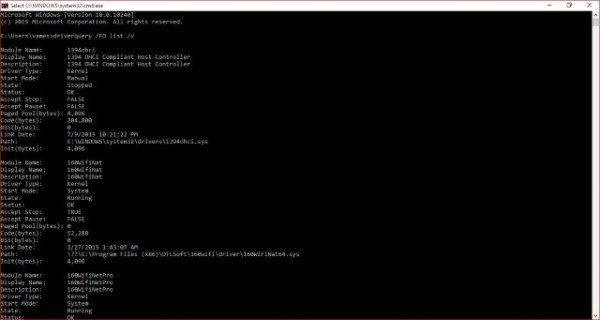 driverqery output in list style