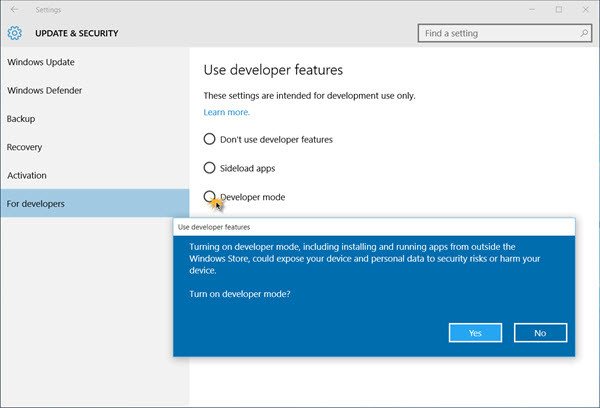 Enable Developer Mode in Windows 10