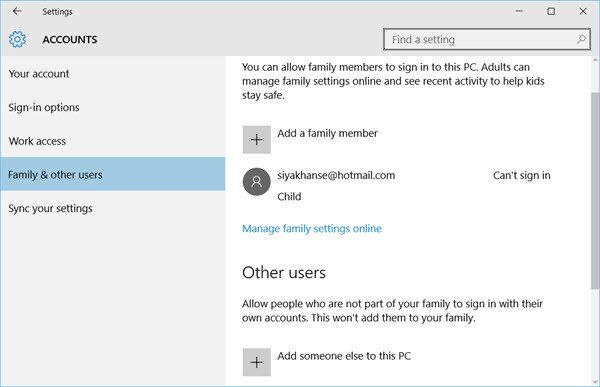 Admin, Standard, Work, School, Child, Guest Account in Windows 10