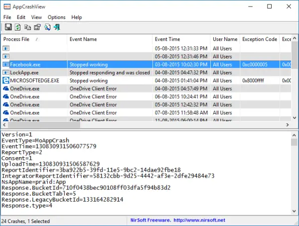 View application crashes .wer files using AppCrashView