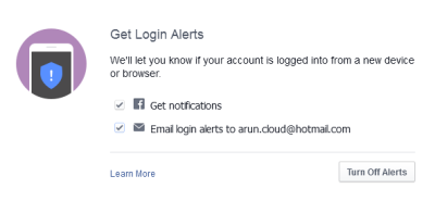 Fig 3 - Set up login Alerts - Facebook Security
