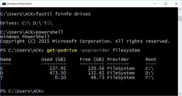 List hard drives using command prompt and powershell