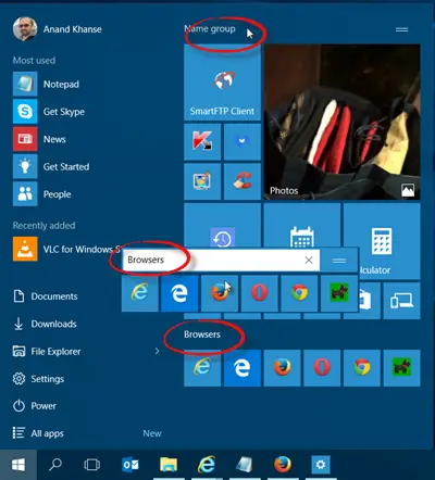 Name Tile groups windows 10