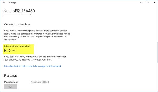 Set Metered Connection in Windows 10