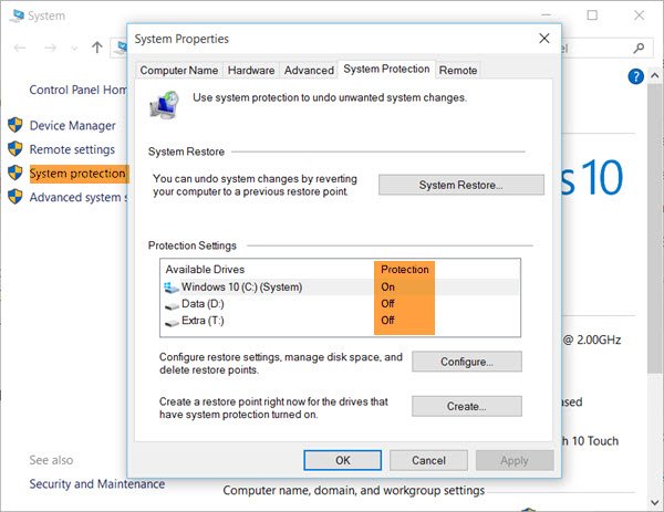 Turn On System Restore in Windows 10