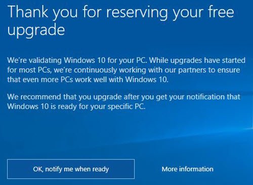 We're validating Windows 10 for your PC