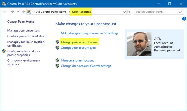 Change Account username in Windows 10