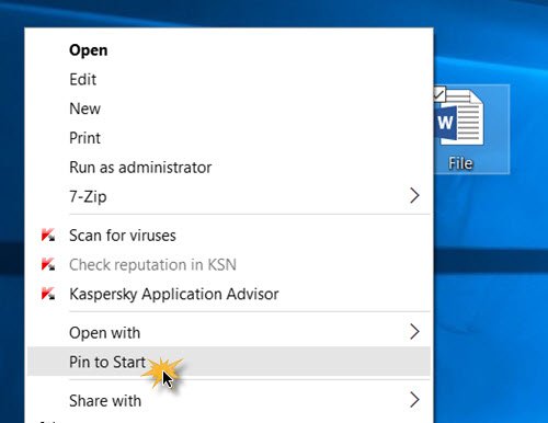 Pin any file to Start Menu in Windows 10