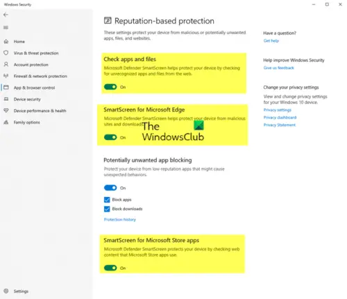 Windows Security settings