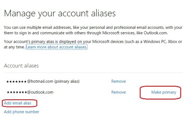 Account alias in Outlook.com