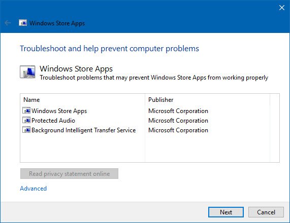 windows store app troubleshooter