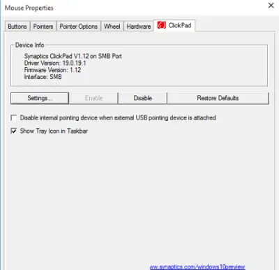 Control panel Settings