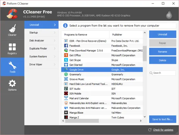 uninstall Windows Store apps with CCleaner