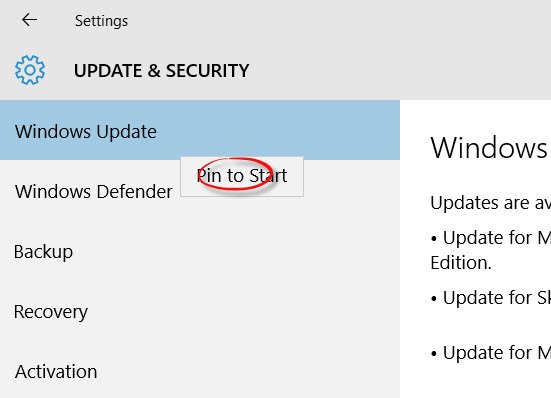 pin to start windows update settings
