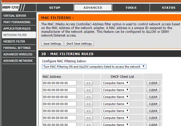 setup MAC filtering in Dlink router