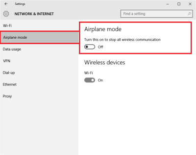 Airplane Mode in Windows 10