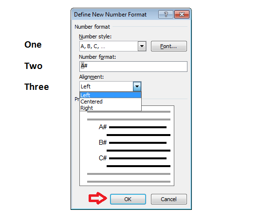 Customize Numbered list in word select Alignment